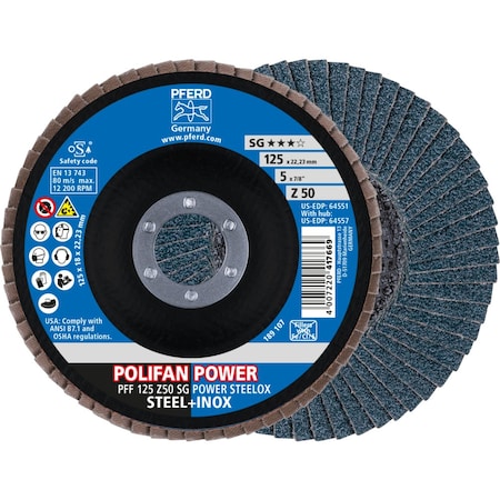 Pferd Flap Disc, 5''x7/8, Z SG POWER STEELOX, 50 Grit, T27, Flat, Zirconia 64551